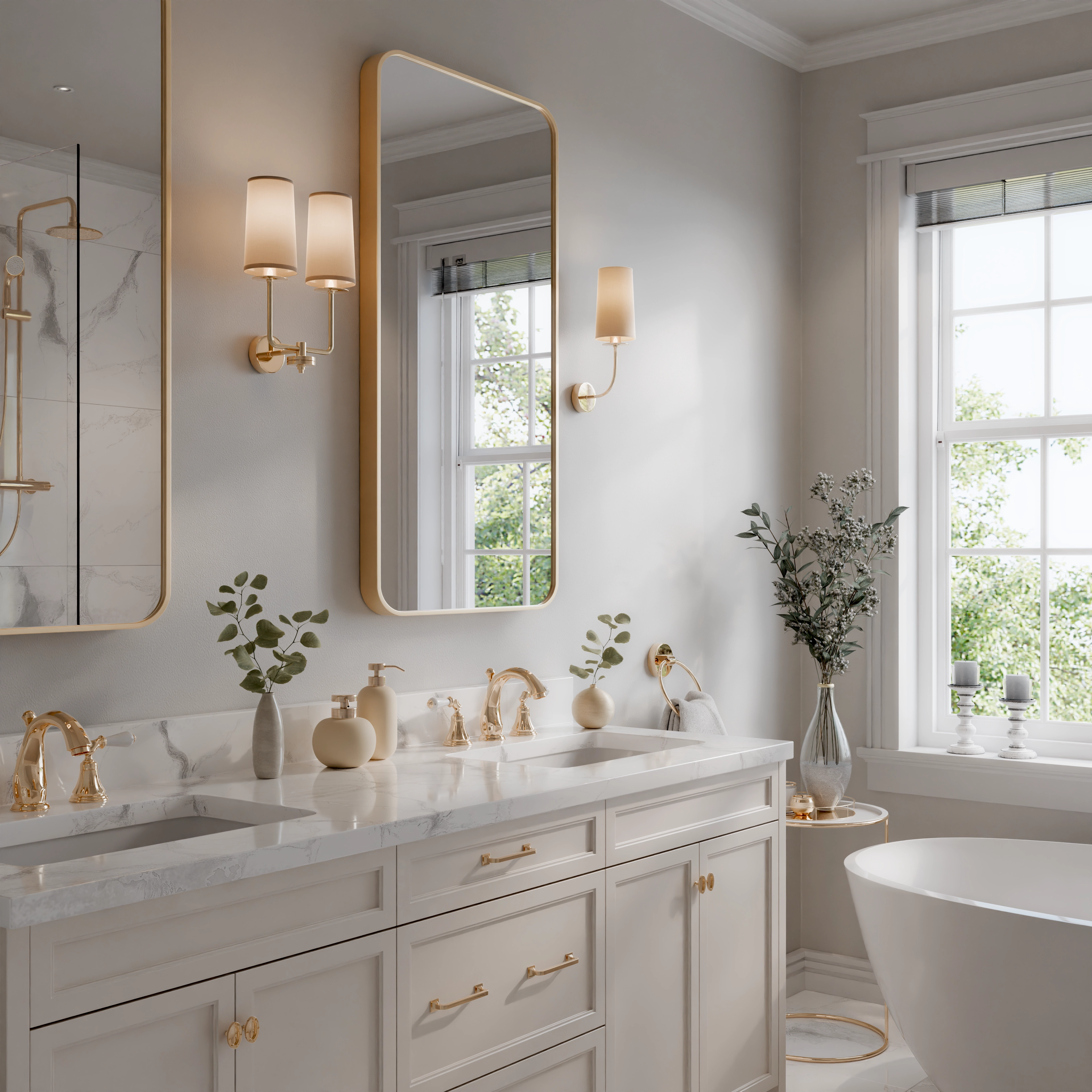 Cream double vanity with gold taps, wall lights and mirrors beside a window