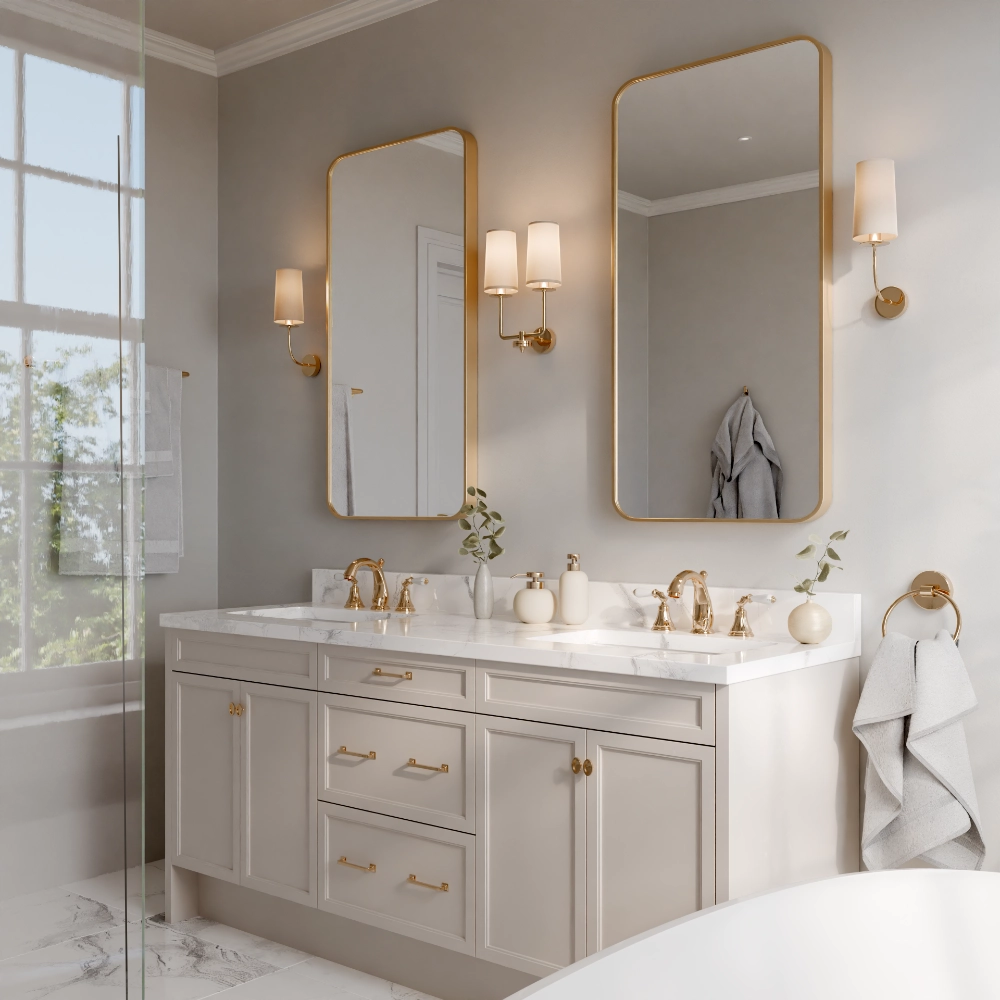 Cream double vanity with a marble top, two gold-framed mirrors and wall lights