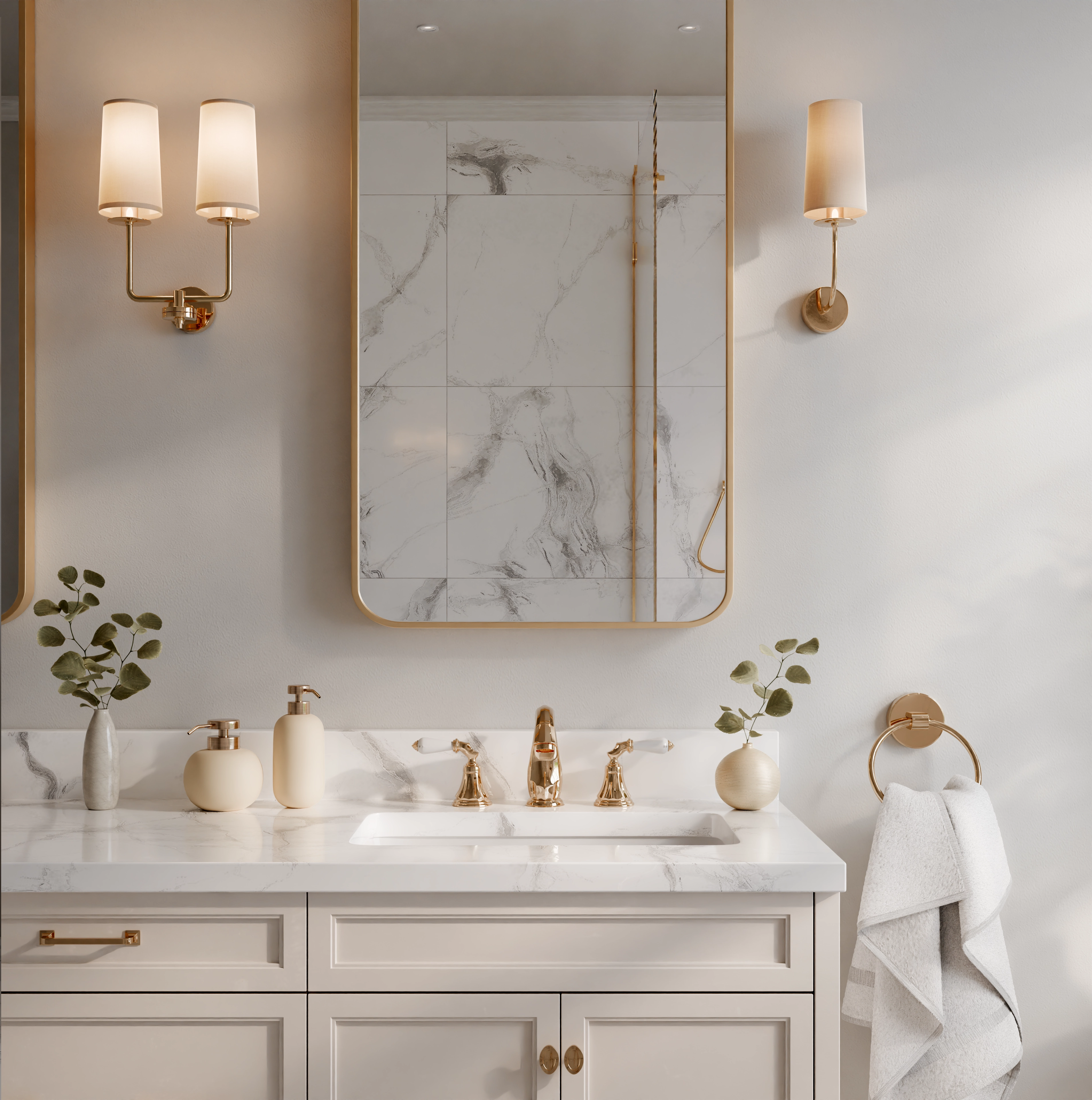 Cream single vanity with a marble top, gold tap and gold-framed mirror between wall lights