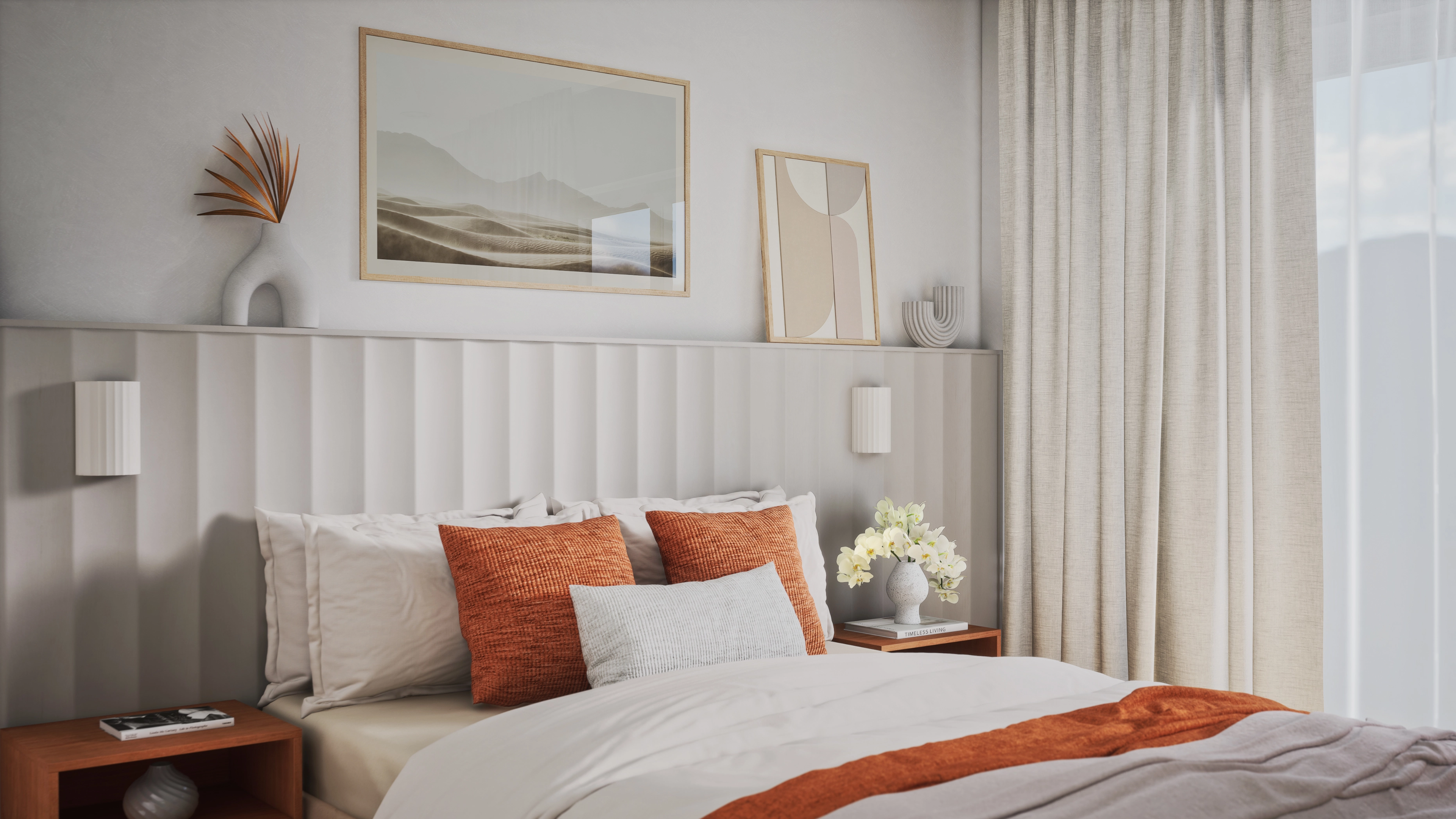 Side view of a bedroom with a panelled headboard wall, orange cushions and linen curtains