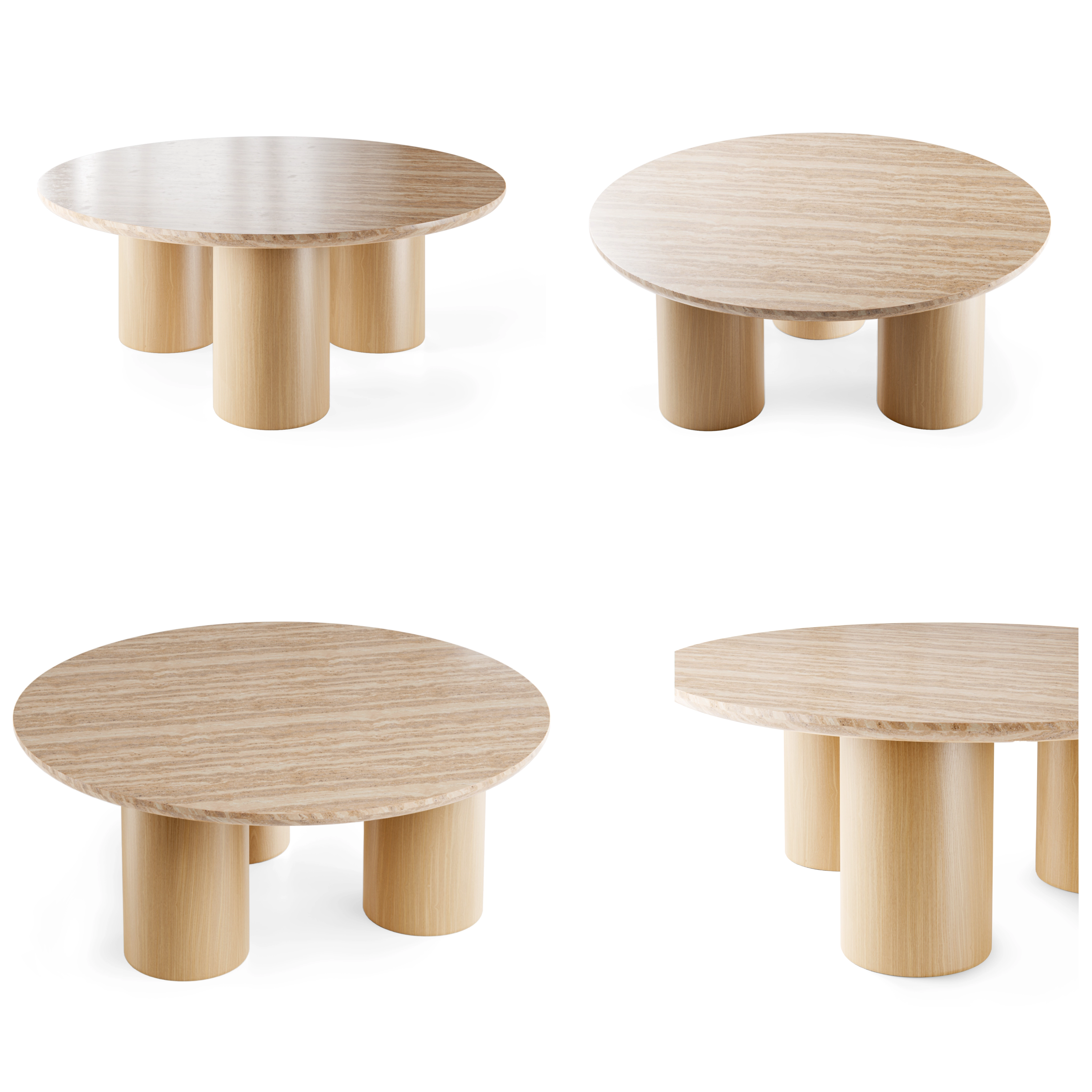 Round travertine coffee table with cylindrical oak legs, shown from four angles