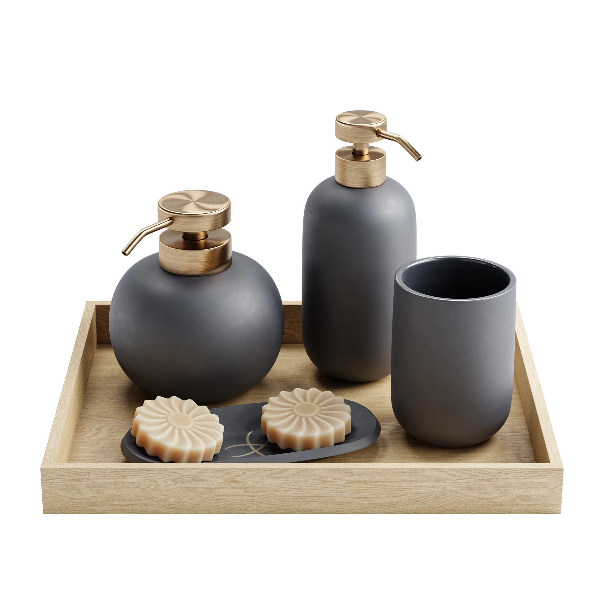 Grey ceramic soap dispensers, tumbler and soap dish with flower-shaped soaps on an oak tray