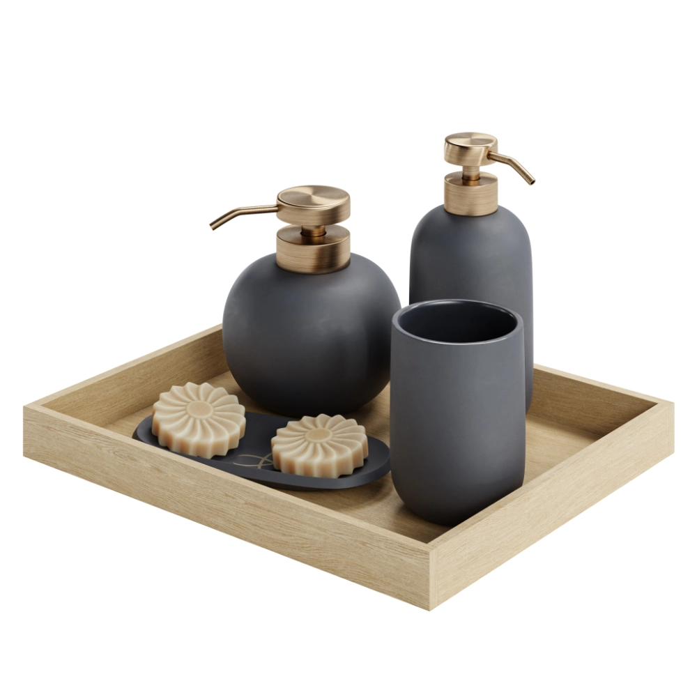 Grey ceramic bathroom accessory set on an oak tray, three-quarter view