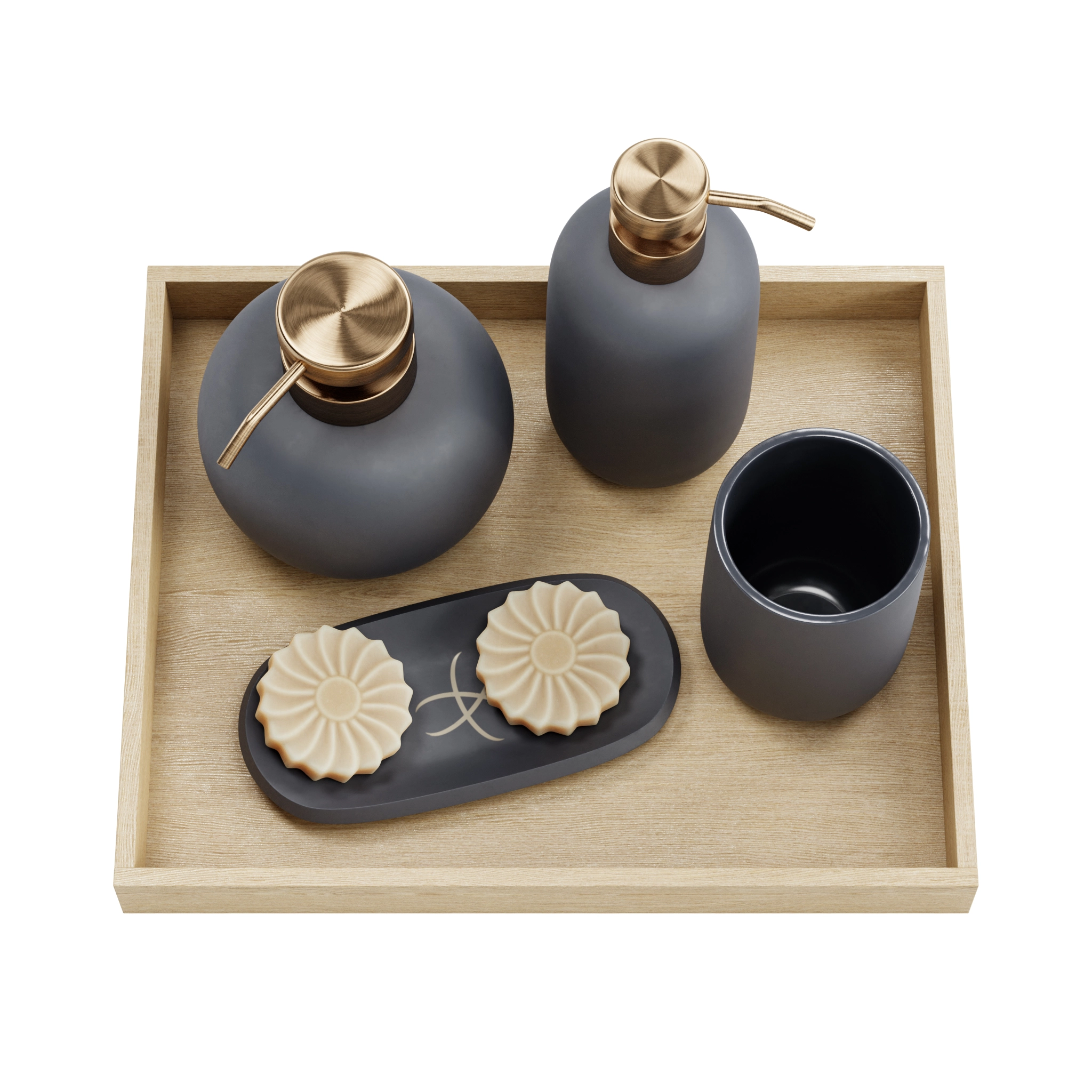 Grey ceramic bathroom accessory set on an oak tray, seen from above