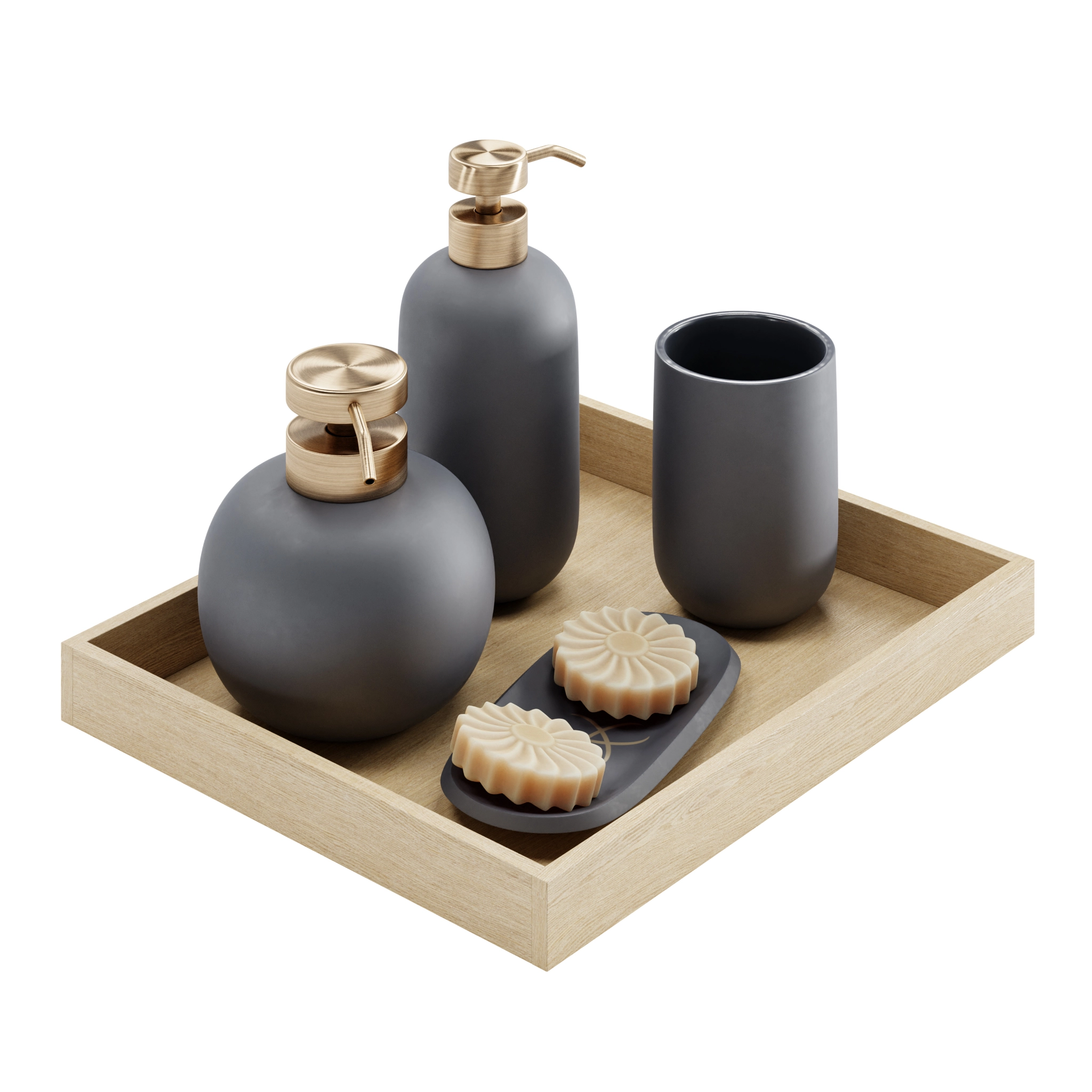 Grey ceramic bathroom accessory set on an oak tray, side view
