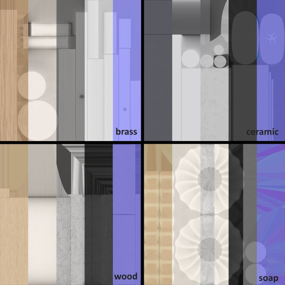 Texture maps for the bathroom accessory set: brass, ceramic, wood and soap