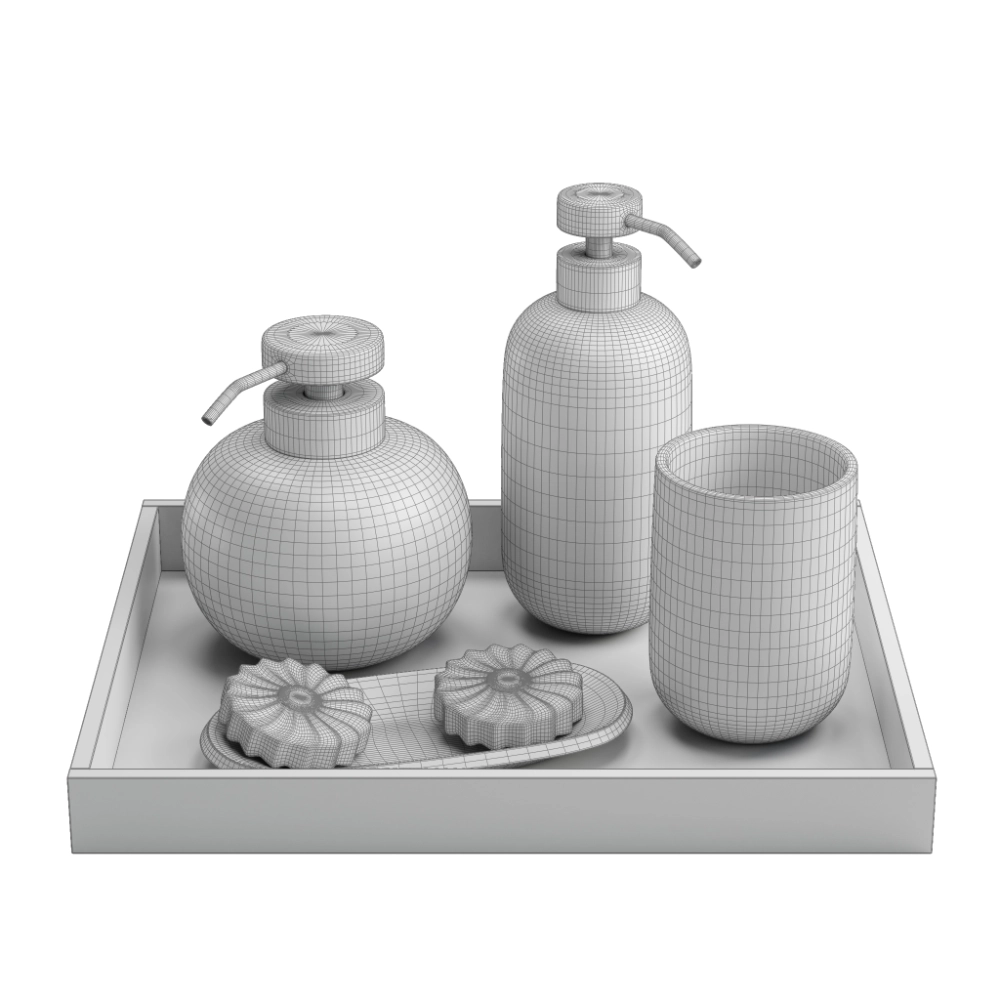 Wireframe render of the bathroom accessory set showing the 3D model's mesh